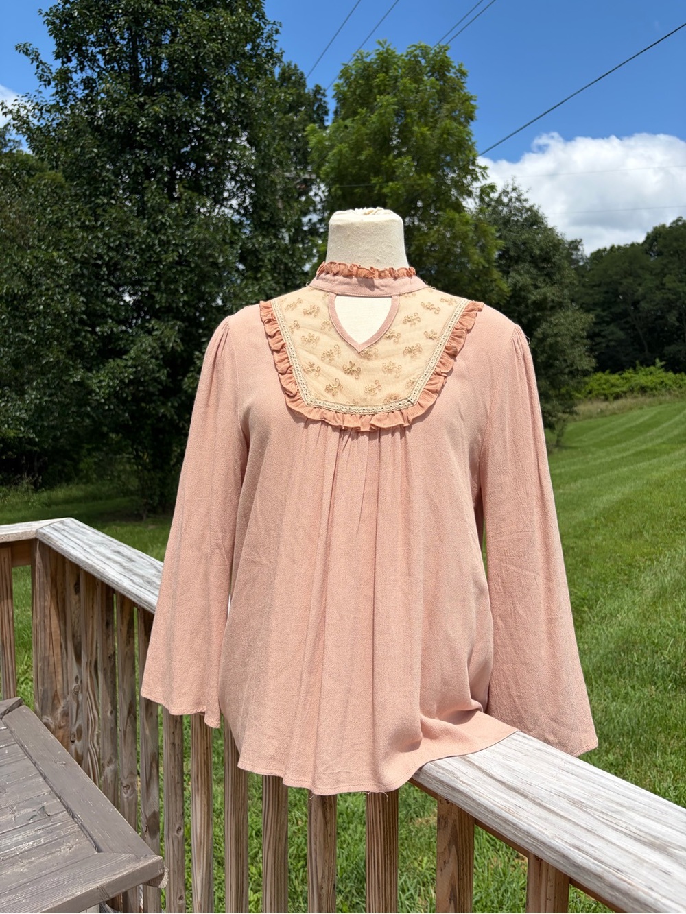 Chloah Peasant Top Hippie Boho Mesh Ruffle Long Sleeve Size Medium Flowy